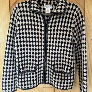 Vintage Pendleton | Wool Full Zip Sweater | Women's Sm | Black & White Diamond